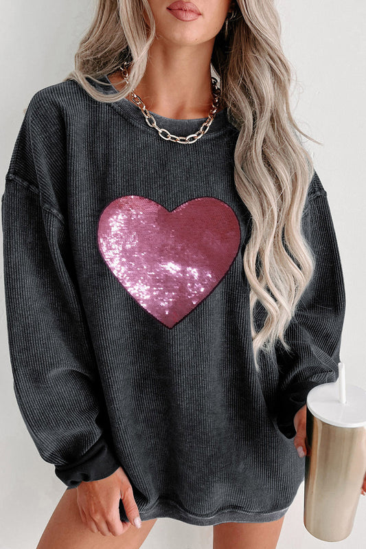 Black Corded Sequin Heart Graphic Crewneck Sweatshirt