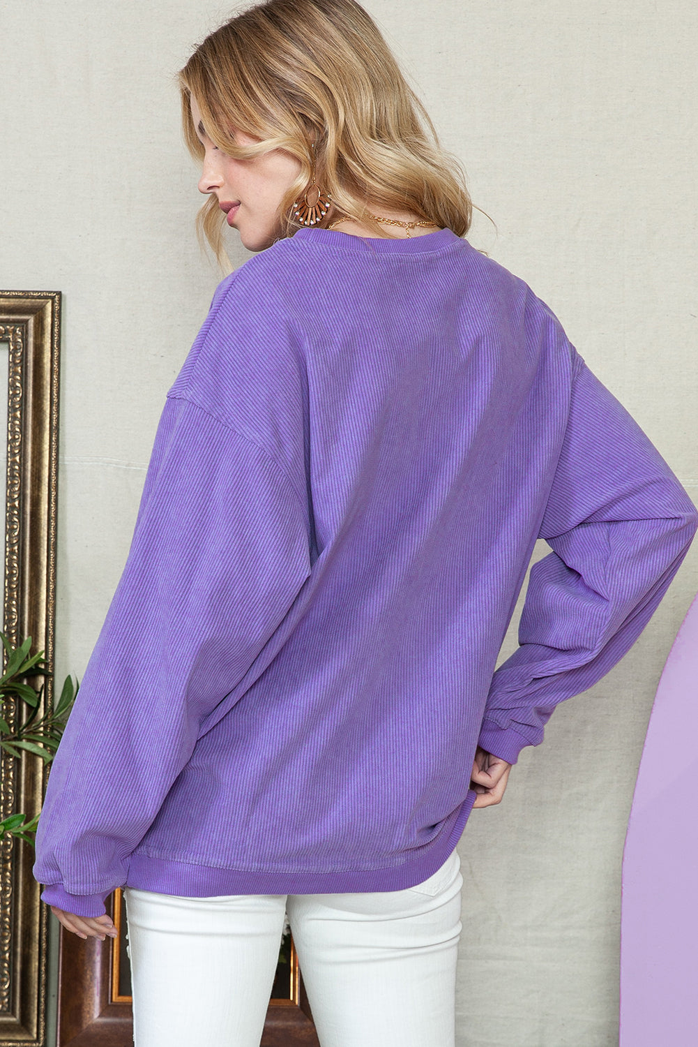 Purple MAMA Ribbed Crew Neck Pullover Sweatshirt