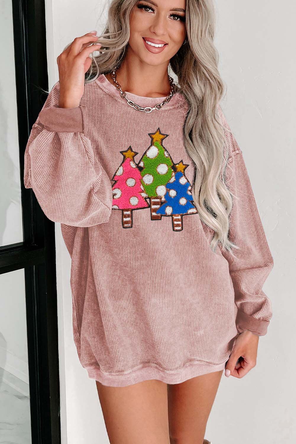 Pink Crinkle Rib Christmas Tree Sequin Graphic Sweatshirt