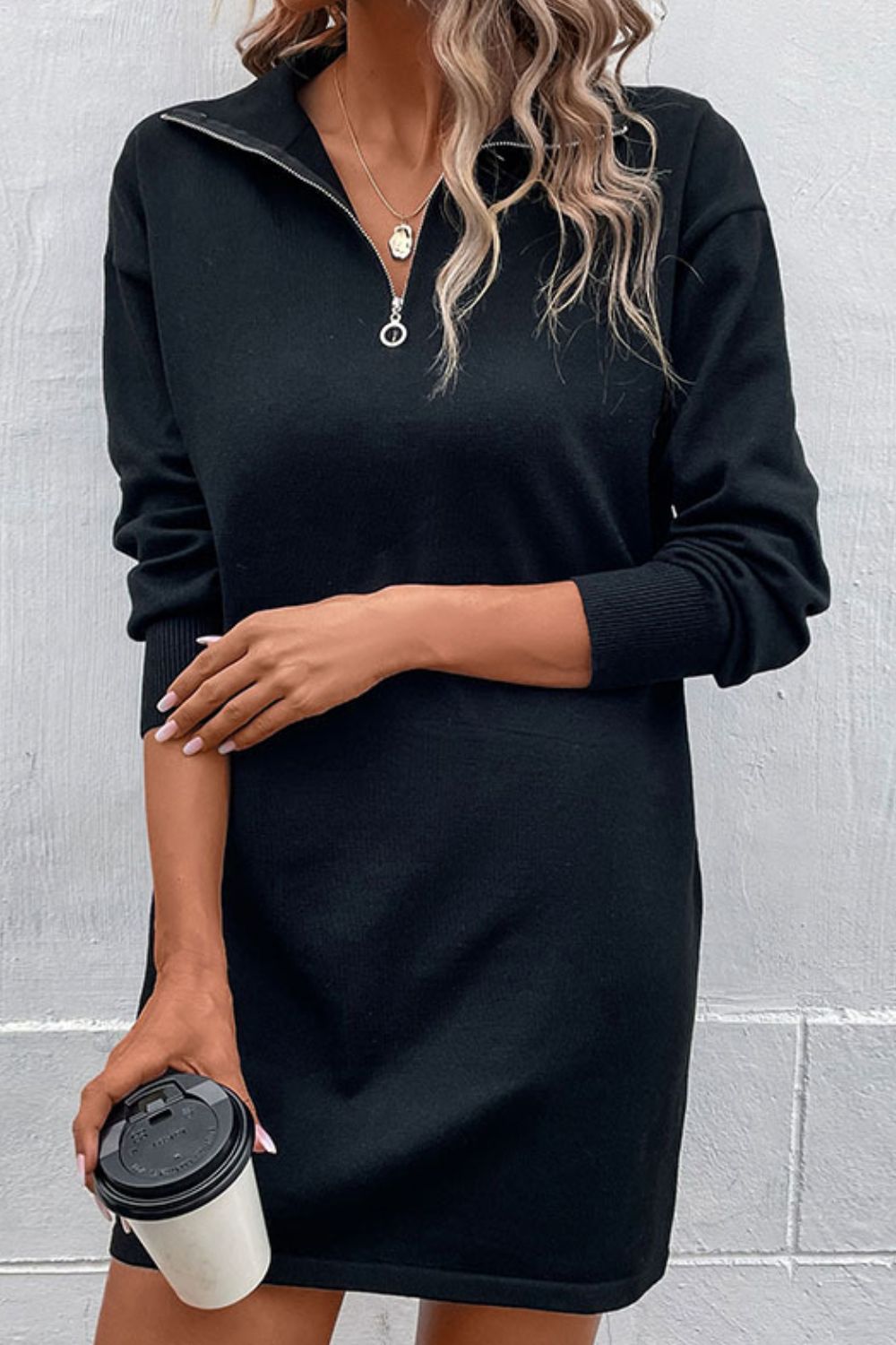 Perfee Quarter-Zip Dropped Shoulder Knit Dress