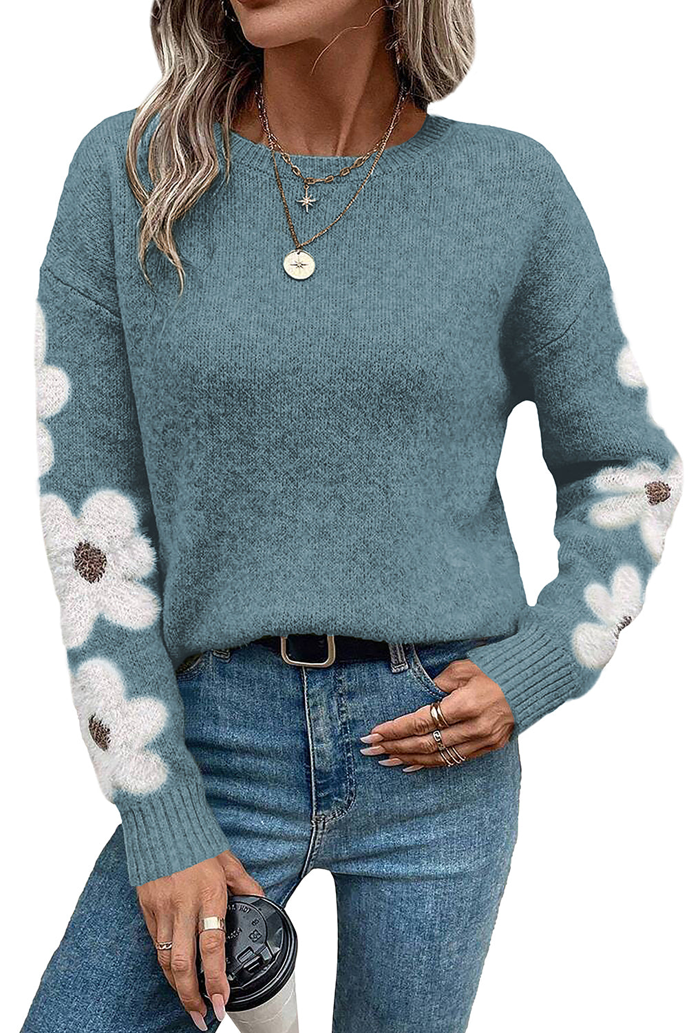 Moss Green Flower Drop Shoulder Sleeve Sweater