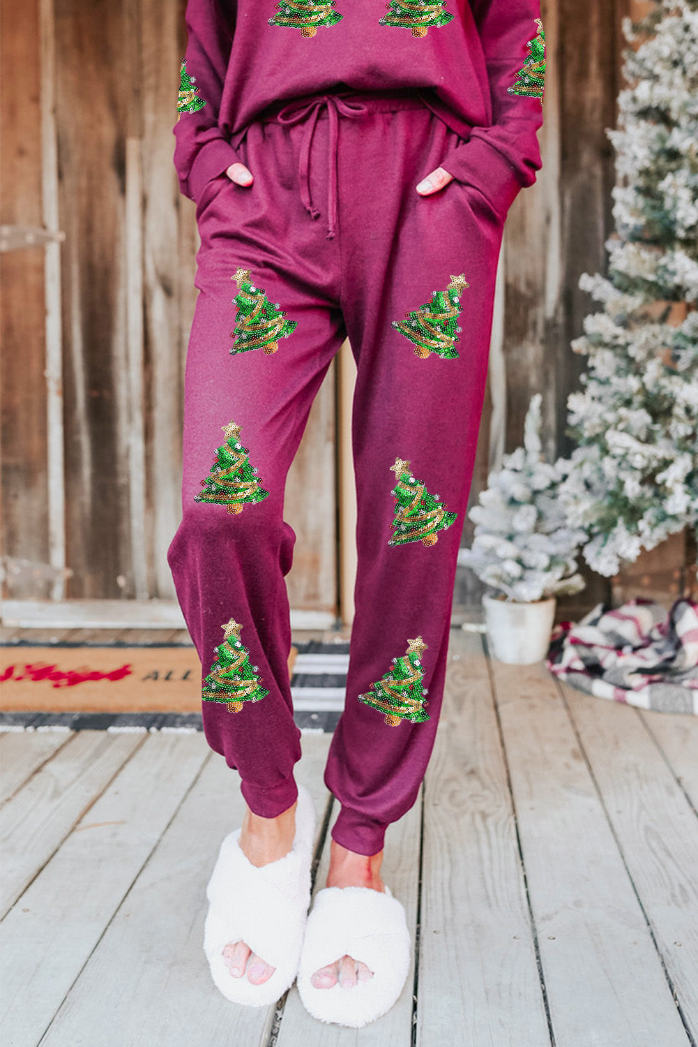 Red Sequined Christmas Tree Graphic Loungewear Set