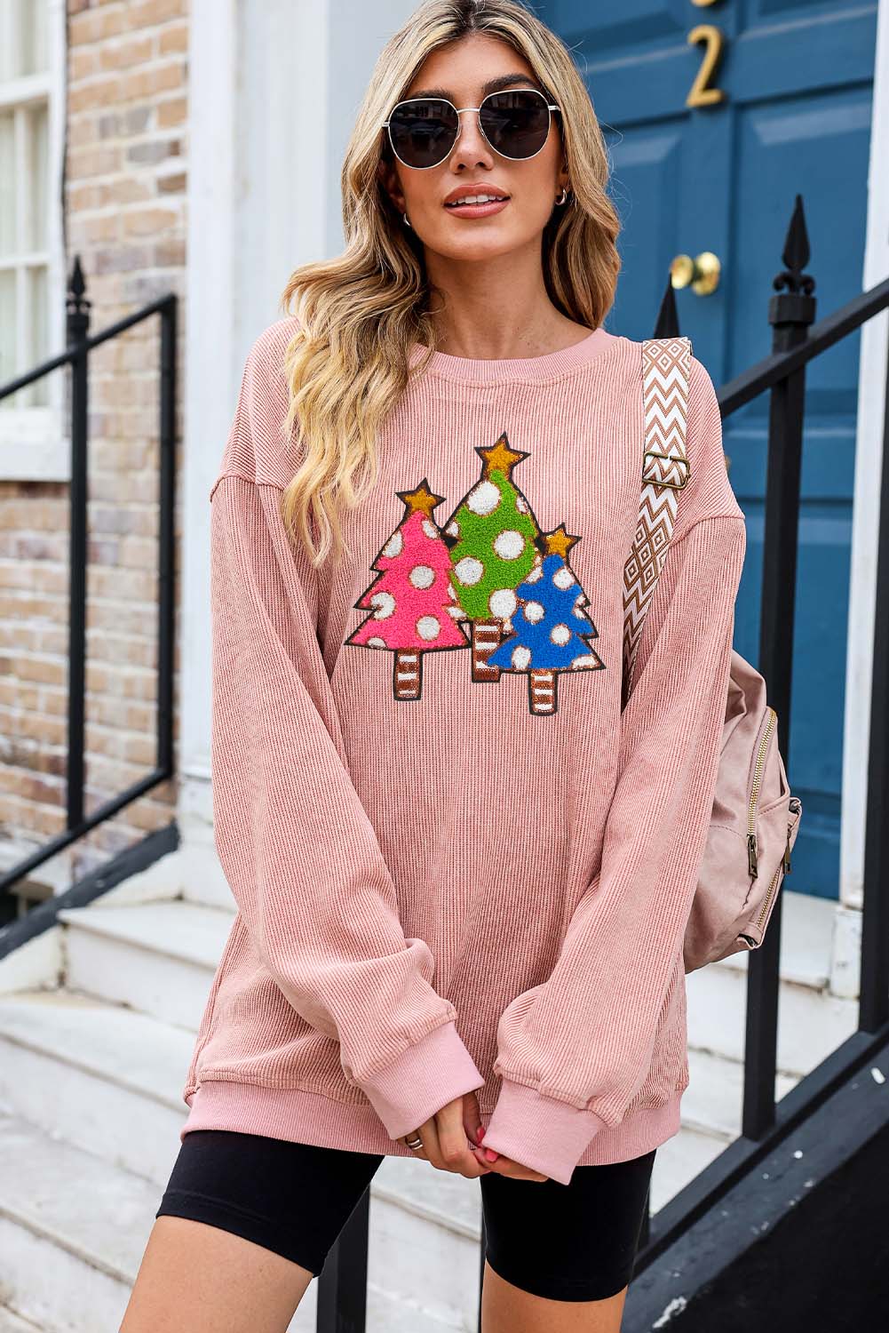 Pink Crinkle Rib Christmas Tree Sequin Graphic Sweatshirt