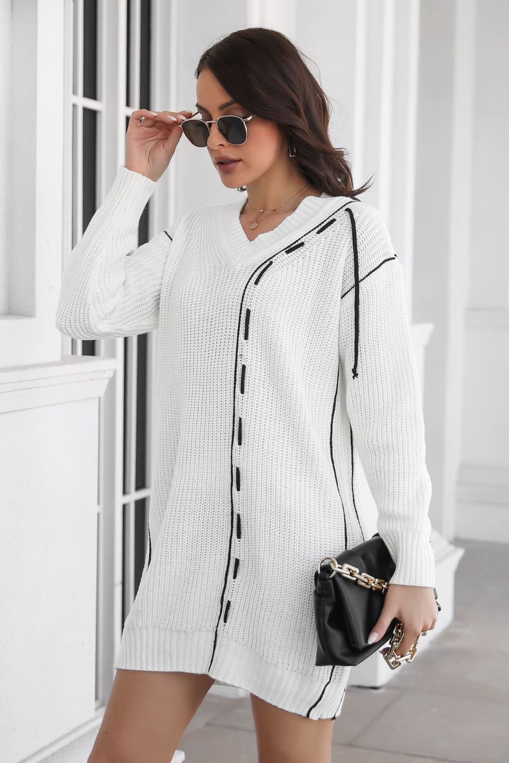 Contrast V-Neck Sweater Dress