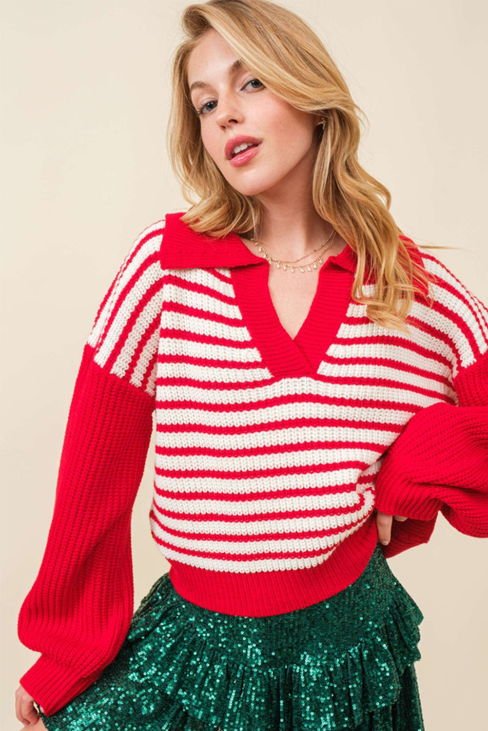 Red Striped V Neck Collar Drop Sleeve Sweater