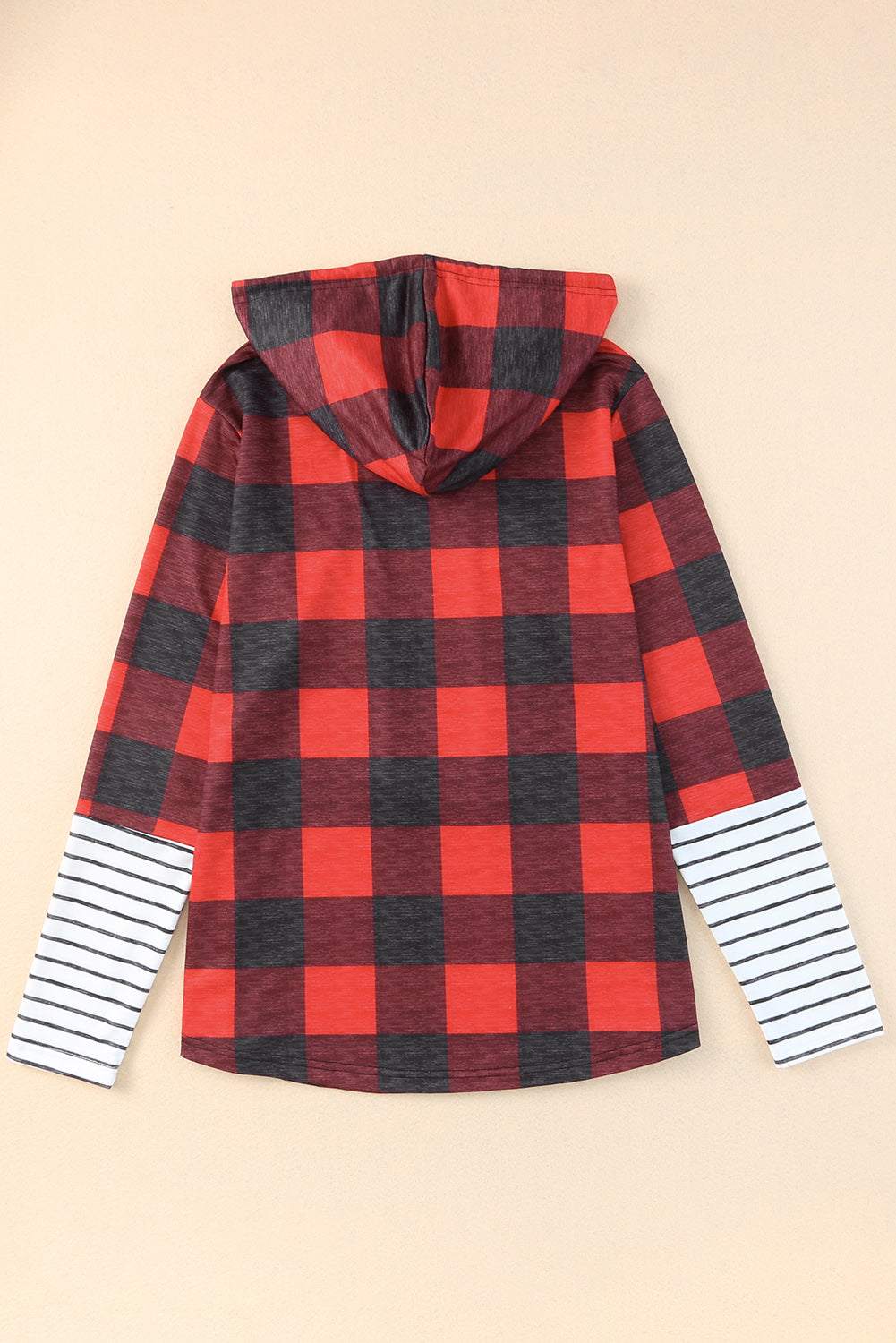 Red Plaid & Striped Patchwork Drawstring Hoodie