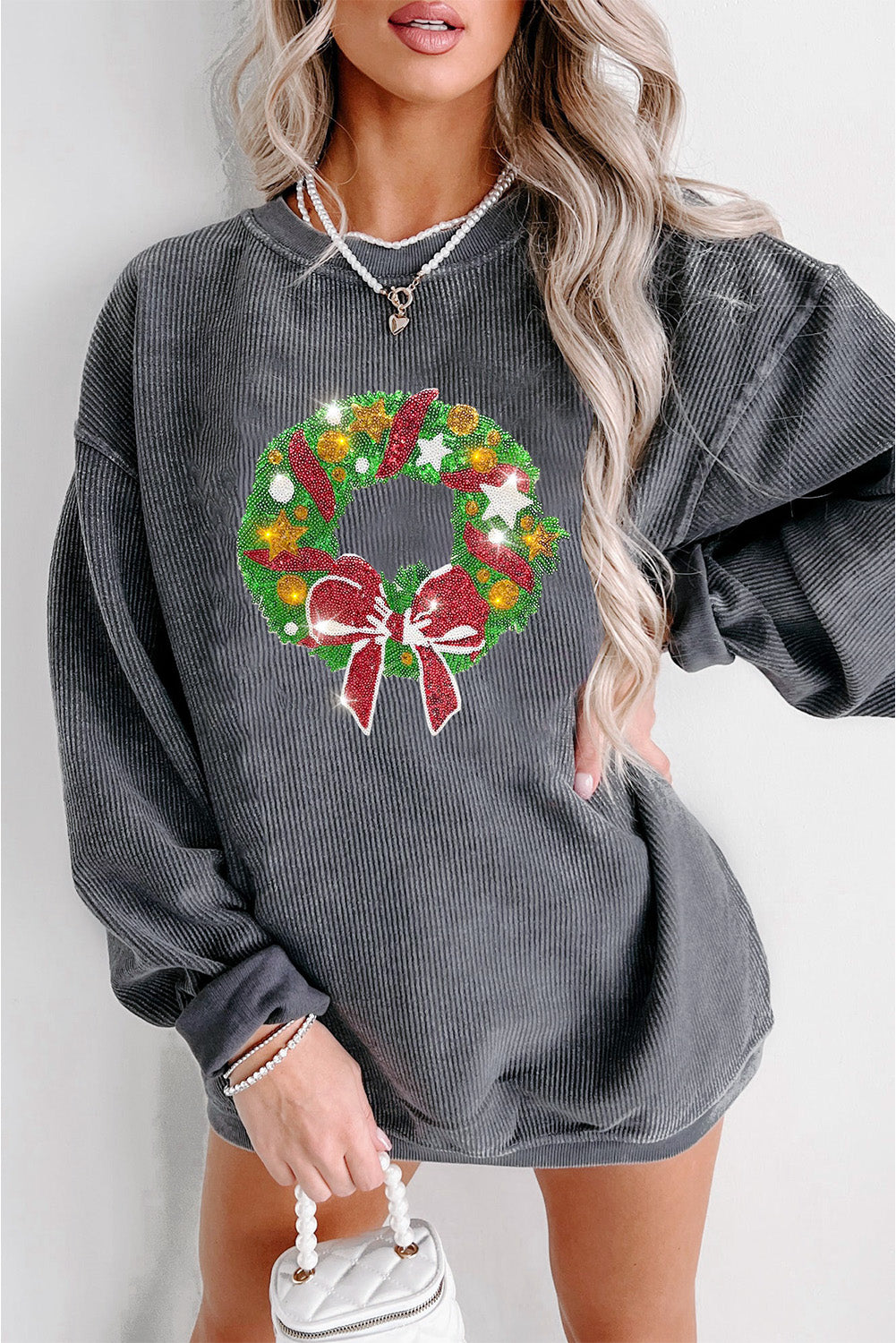 Gray Christmas Wreath Print Corded Pullover Graphic Sweatshirt