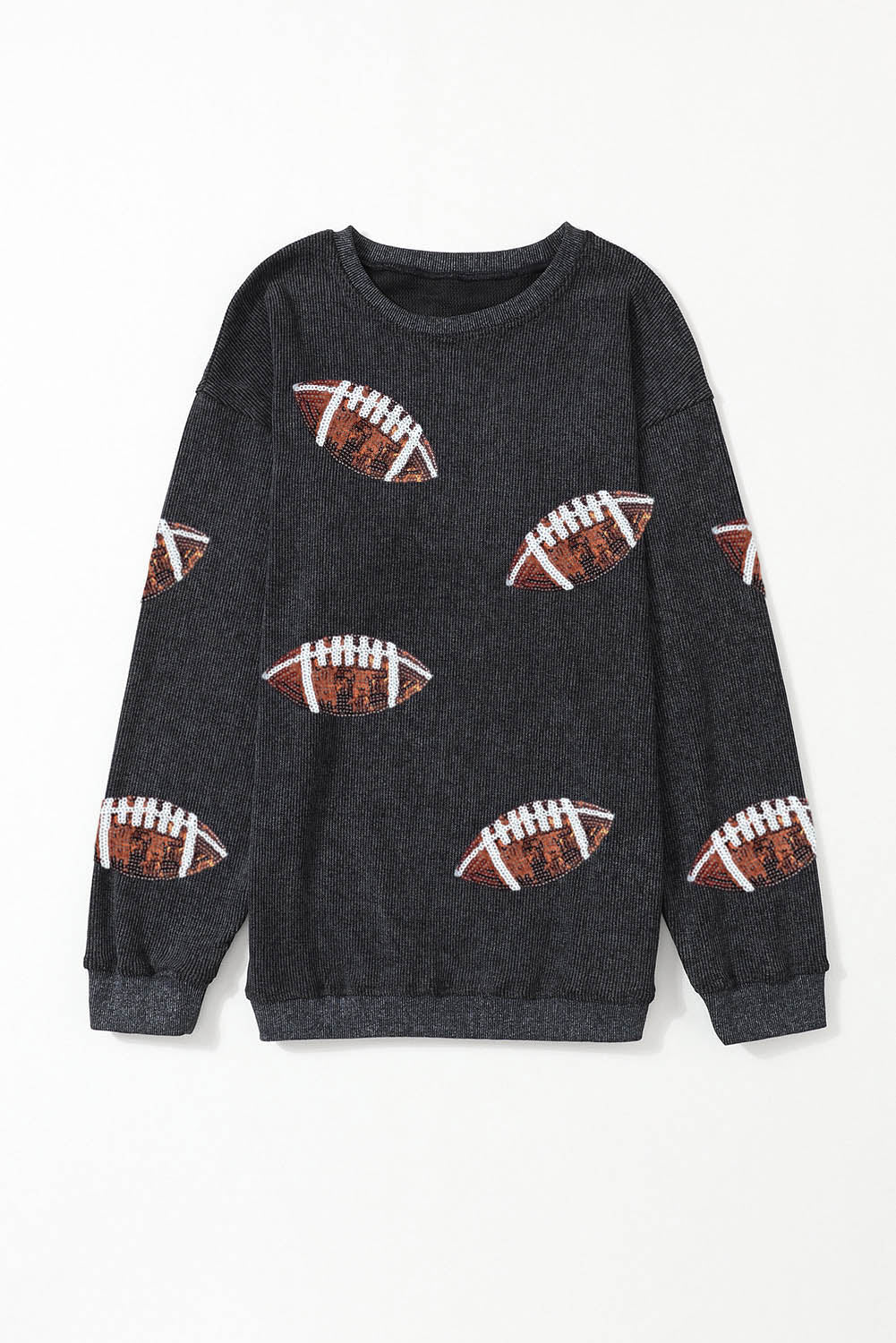 Black Sequin Rugby Graphic Corded Baggy Sweatshirt