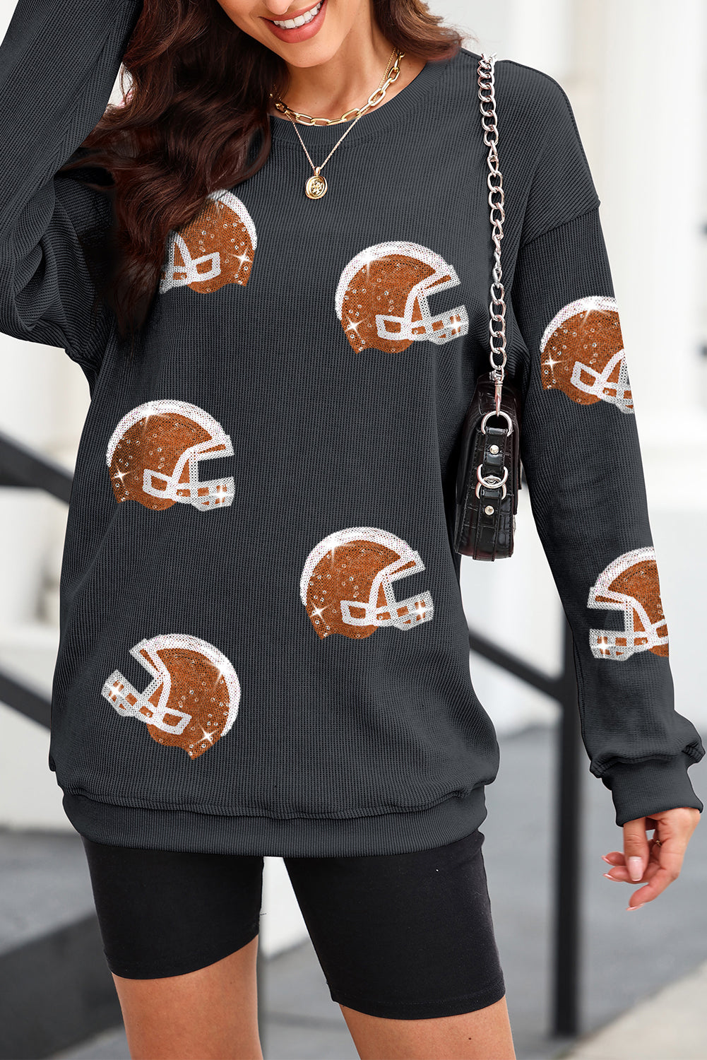 Black Sequin Rugby Helmet Patched Pattern Corded Sweatshirt