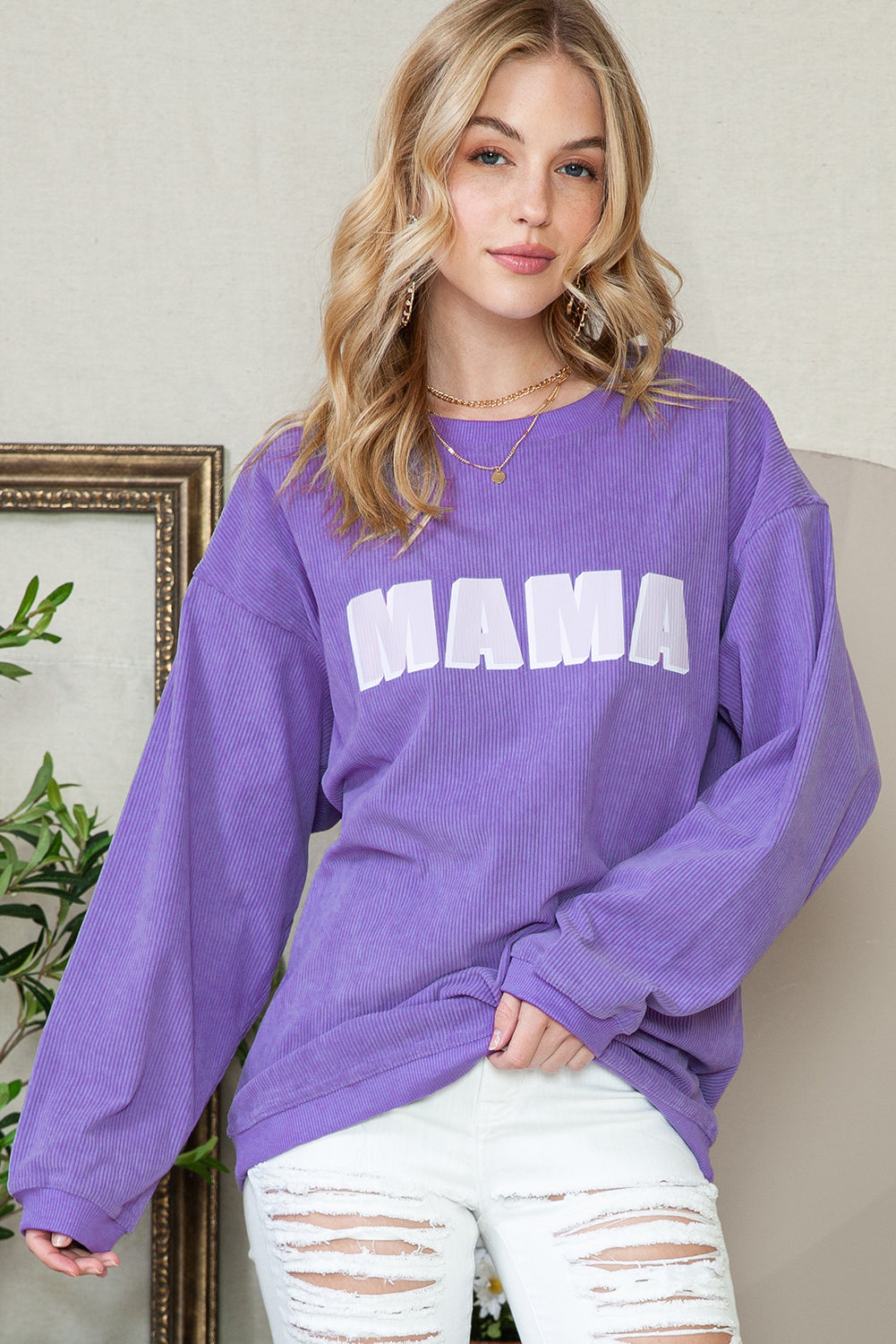 Purple MAMA Ribbed Crew Neck Pullover Sweatshirt