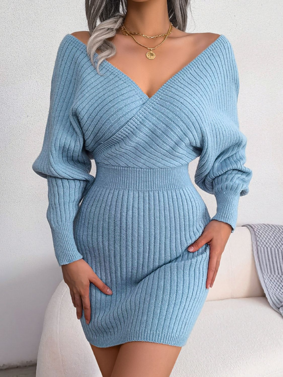 Rib-Knit Dolman Sleeve Sweater Dress