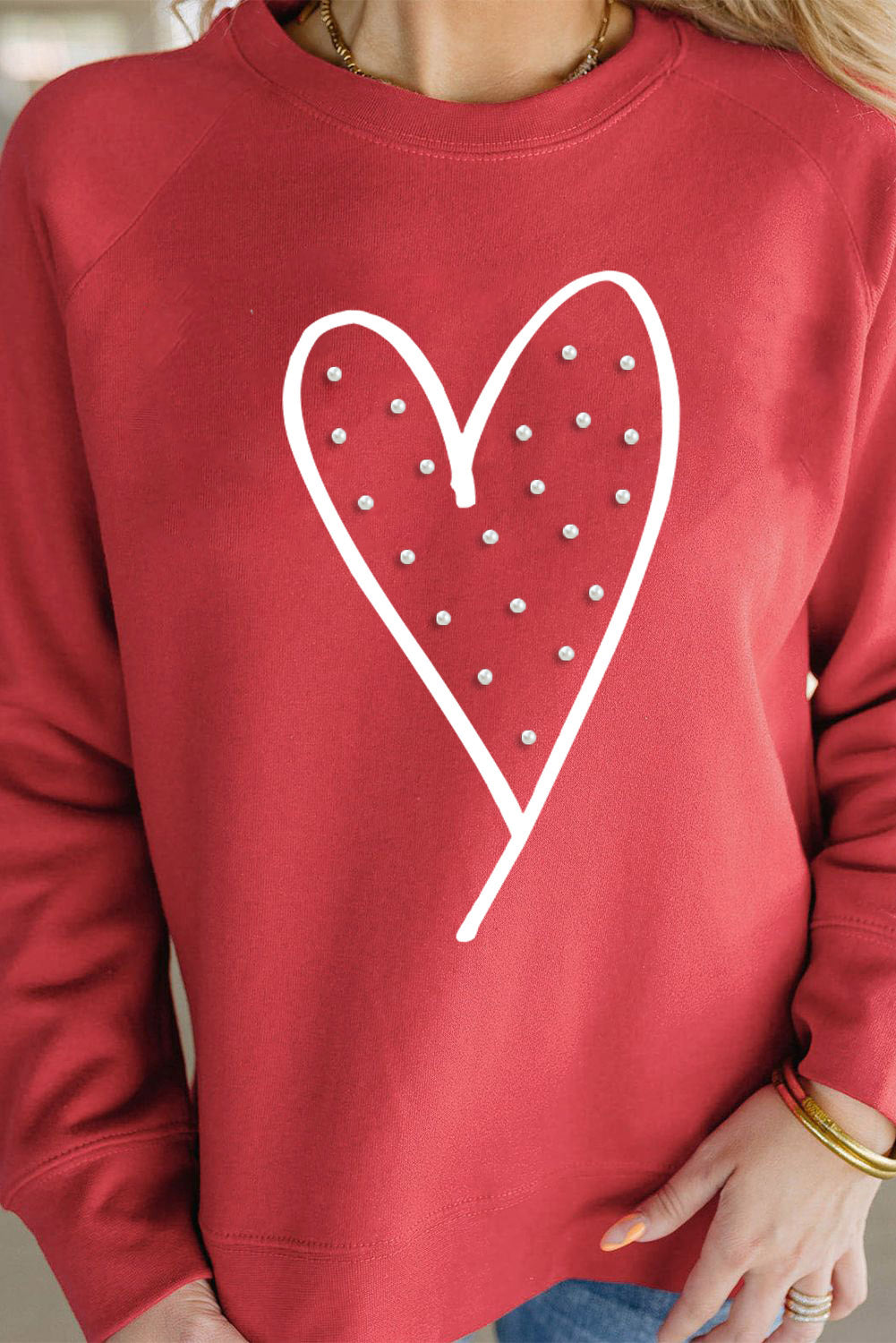 Red Valentine Heart Beaded Graphic Raglan Sleeve Sweatshirt