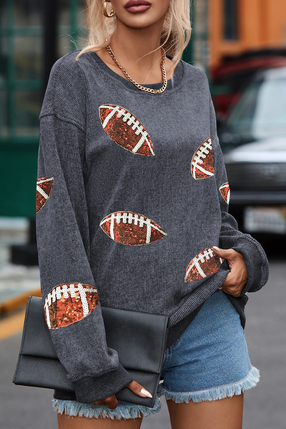 Black Sequin Rugby Graphic Corded Baggy Sweatshirt