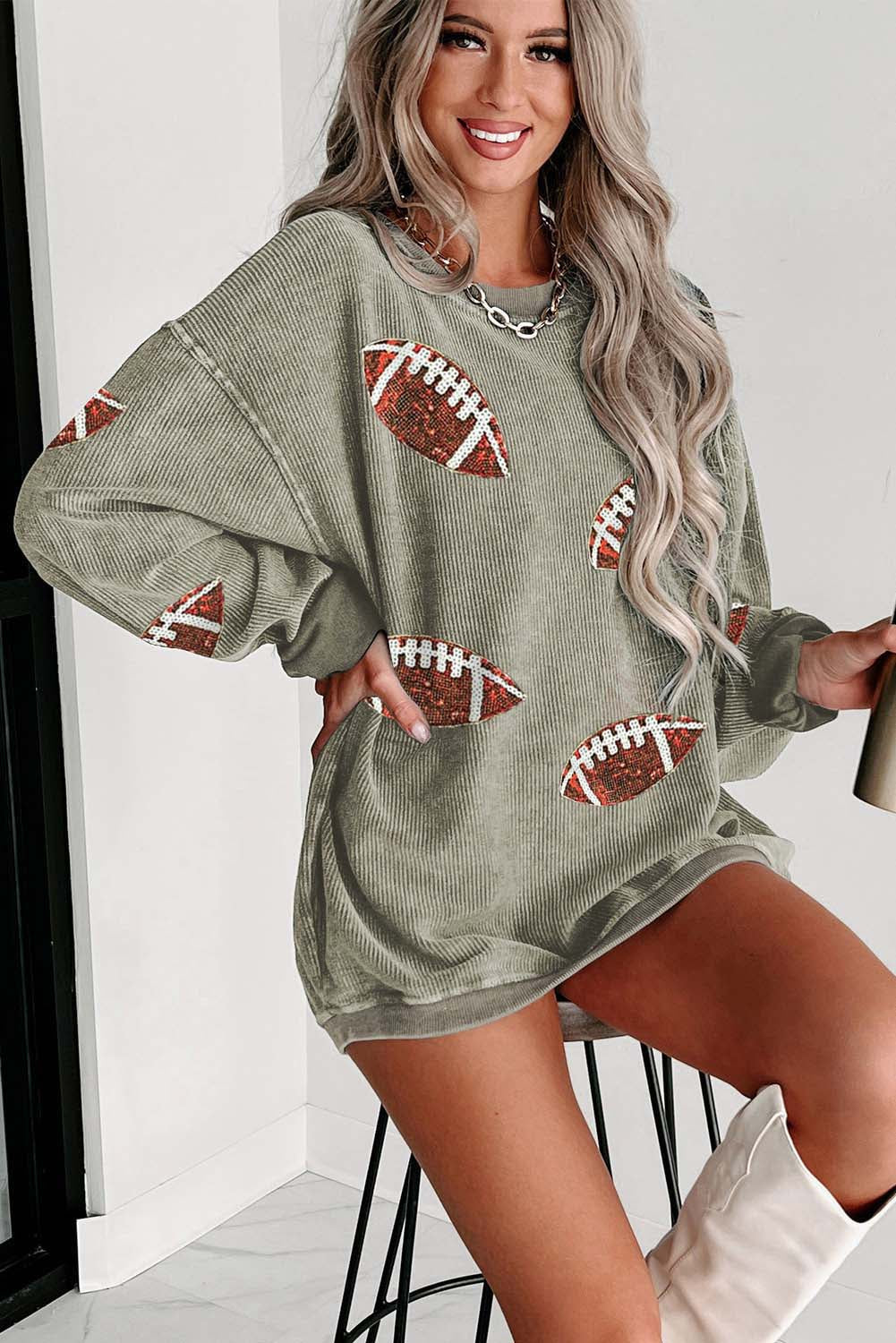 Black Sequin Rugby Graphic Corded Baggy Sweatshirt