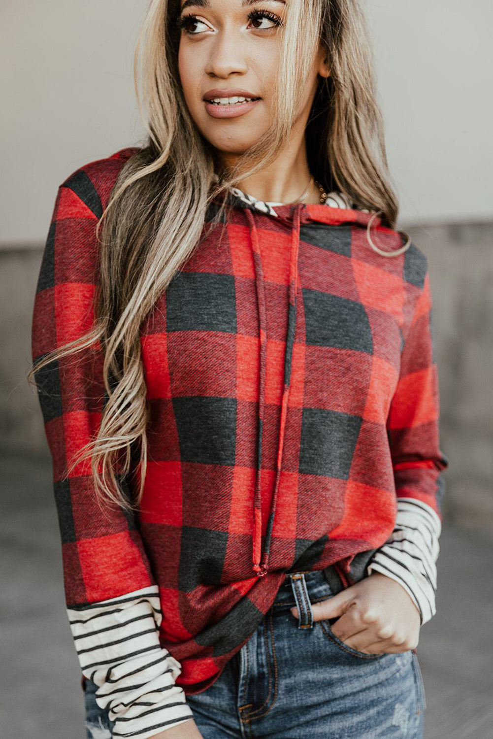 Red Plaid & Striped Patchwork Drawstring Hoodie