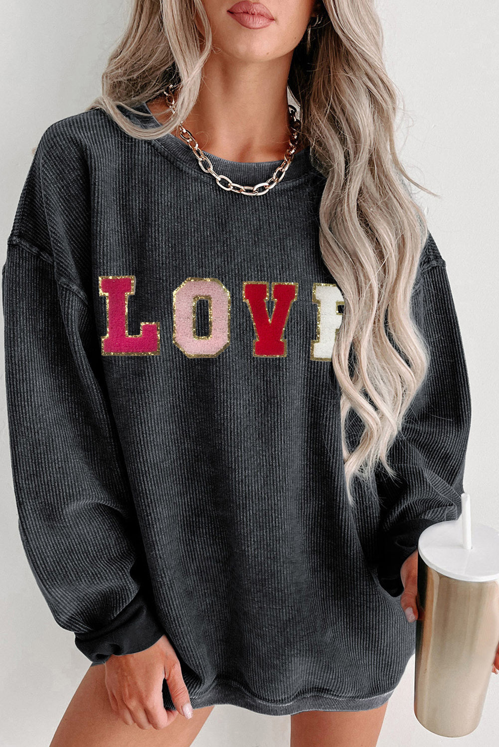 Black Glitter LOVE Letter Graphic Corded Baggy Sweatshirt