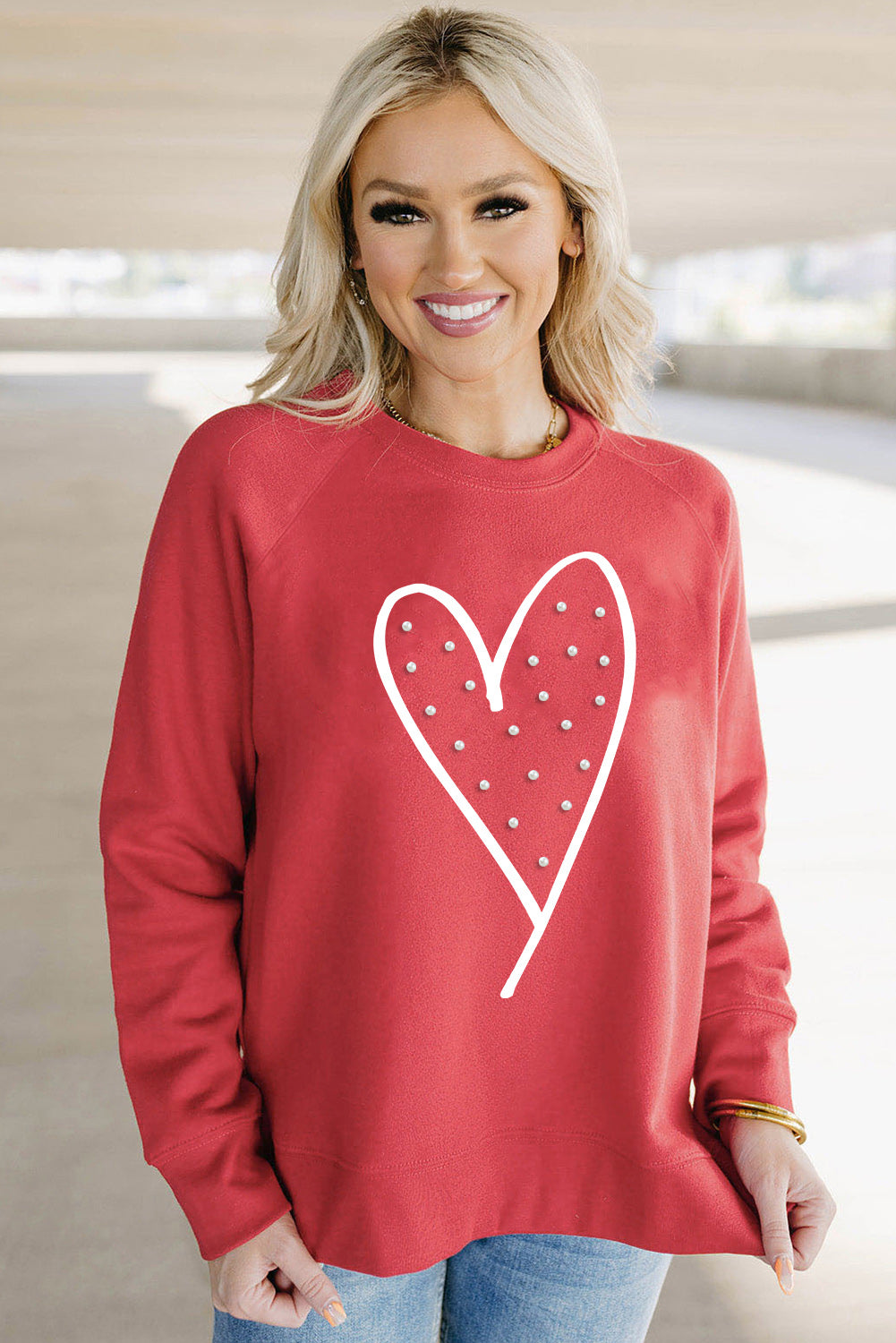 Red Valentine Heart Beaded Graphic Raglan Sleeve Sweatshirt