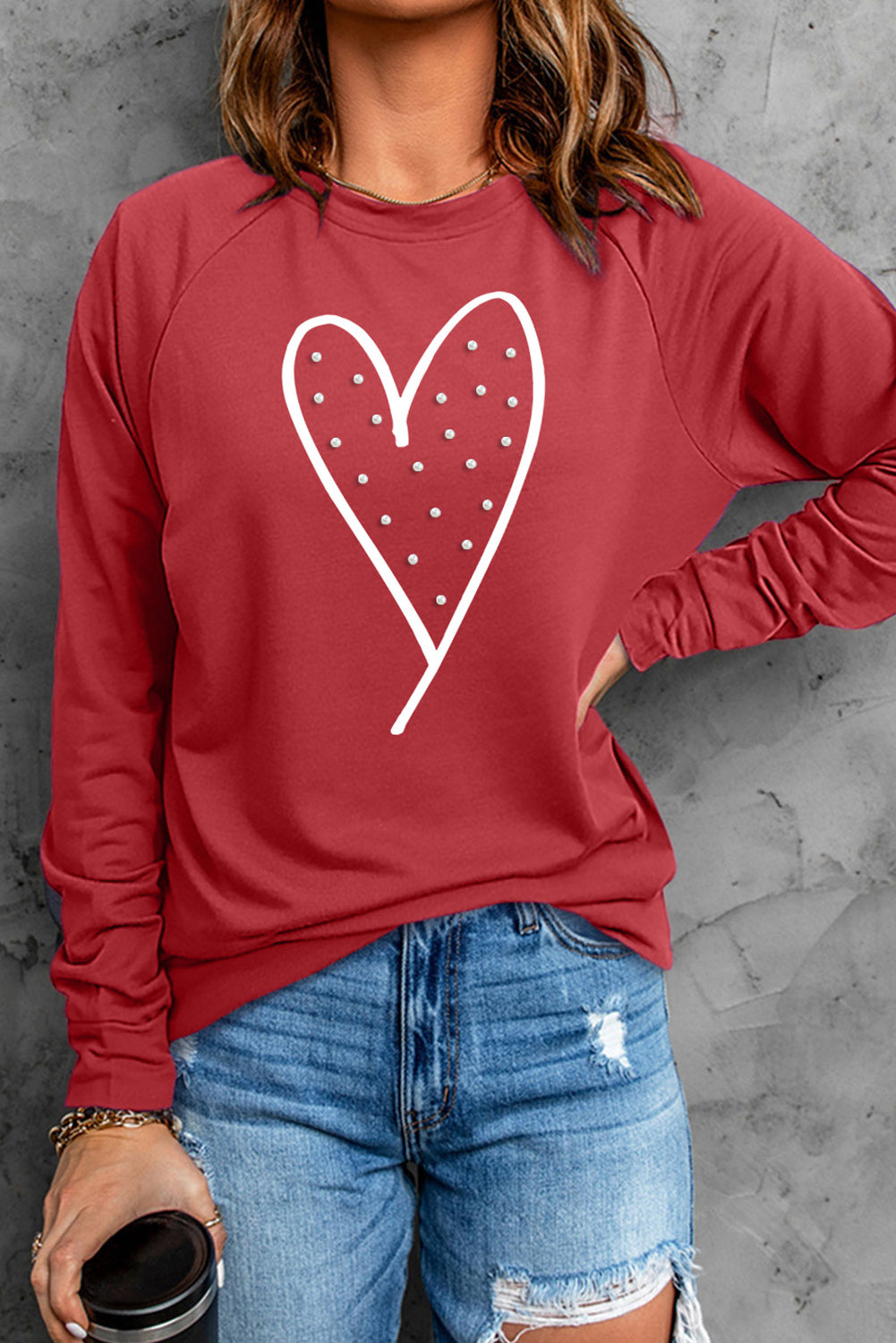 Red Valentine Heart Beaded Graphic Raglan Sleeve Sweatshirt