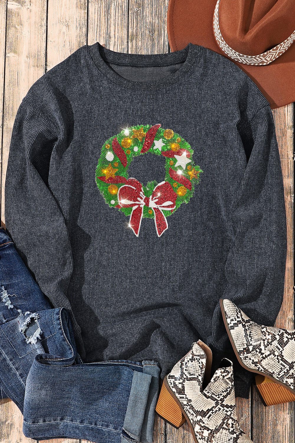 Gray Christmas Wreath Print Corded Pullover Graphic Sweatshirt