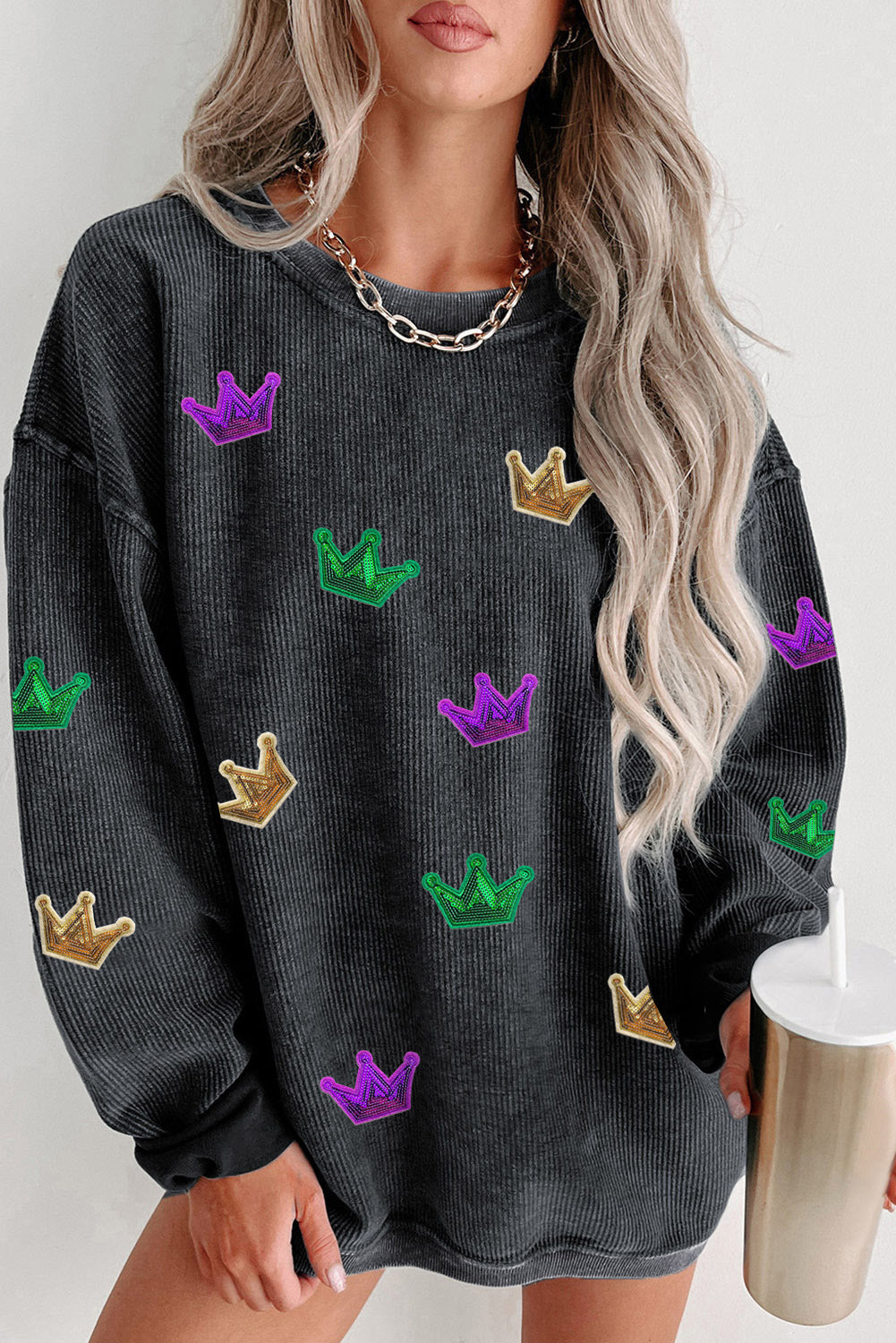 Black Crinkle Rib MARDI GRAS Crown Graphic Sweatshirt