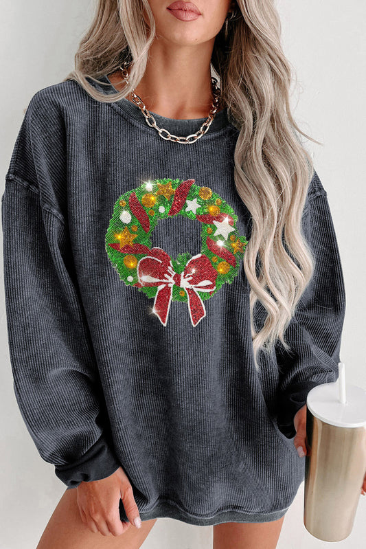 Gray Christmas Wreath Print Corded Pullover Graphic Sweatshirt