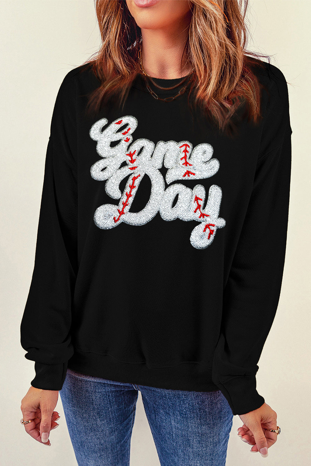 Black Game Day Baseball Graphic Crew Neck Sweatshirt