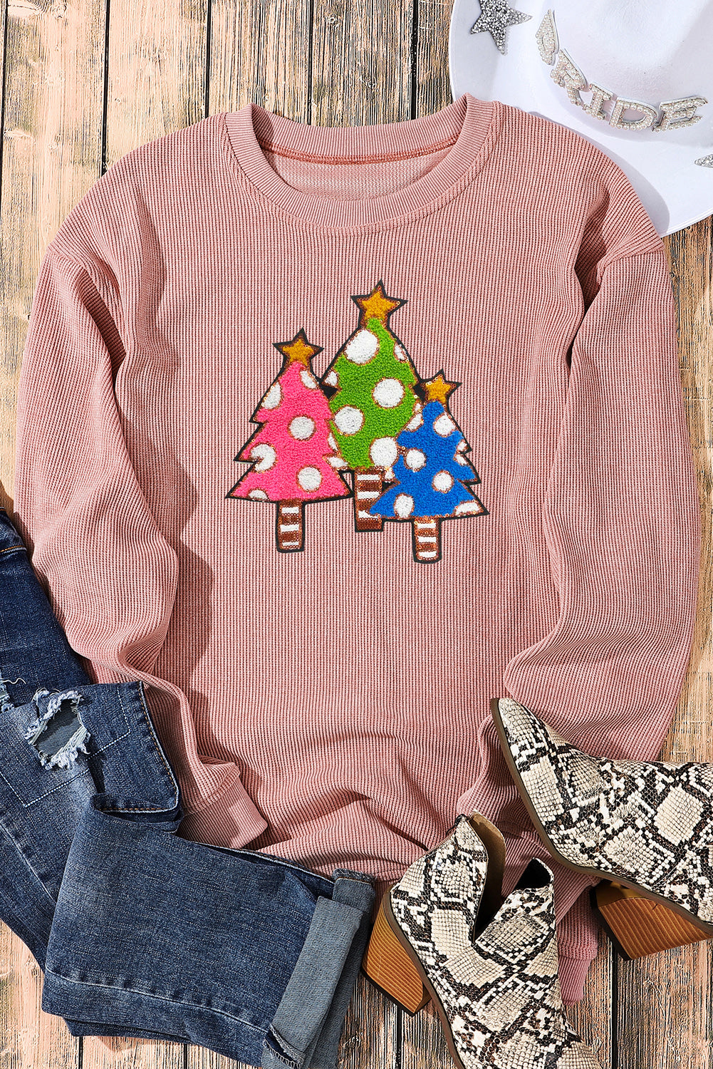 Pink Crinkle Rib Christmas Tree Sequin Graphic Sweatshirt