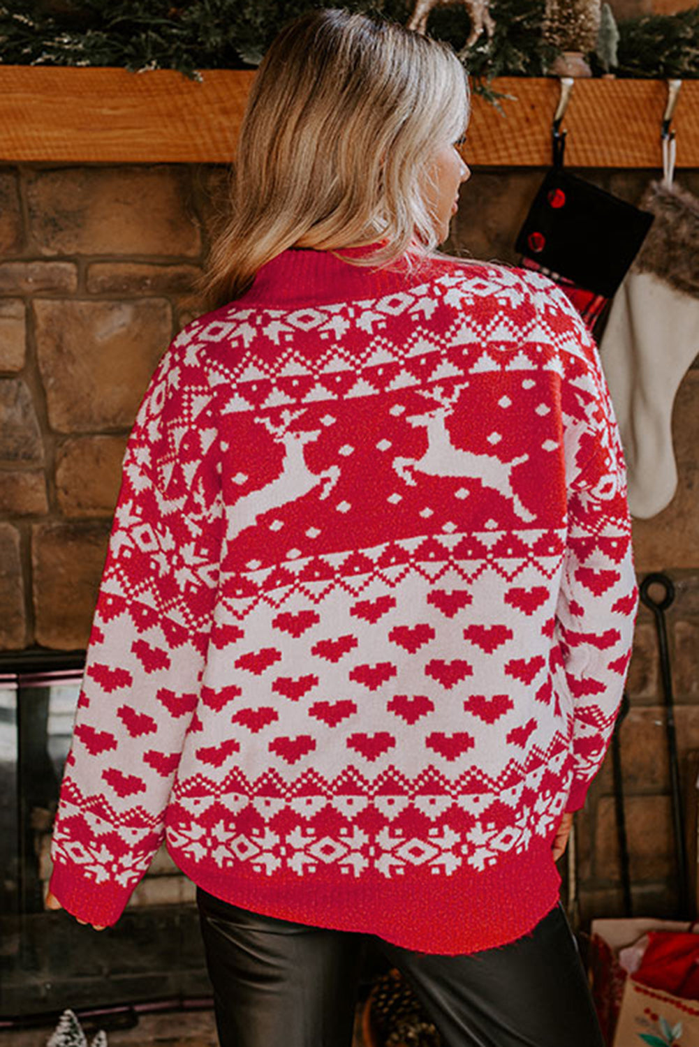 Fiery Red Christmas Reindeer Heart Pattern High Neck Sweater