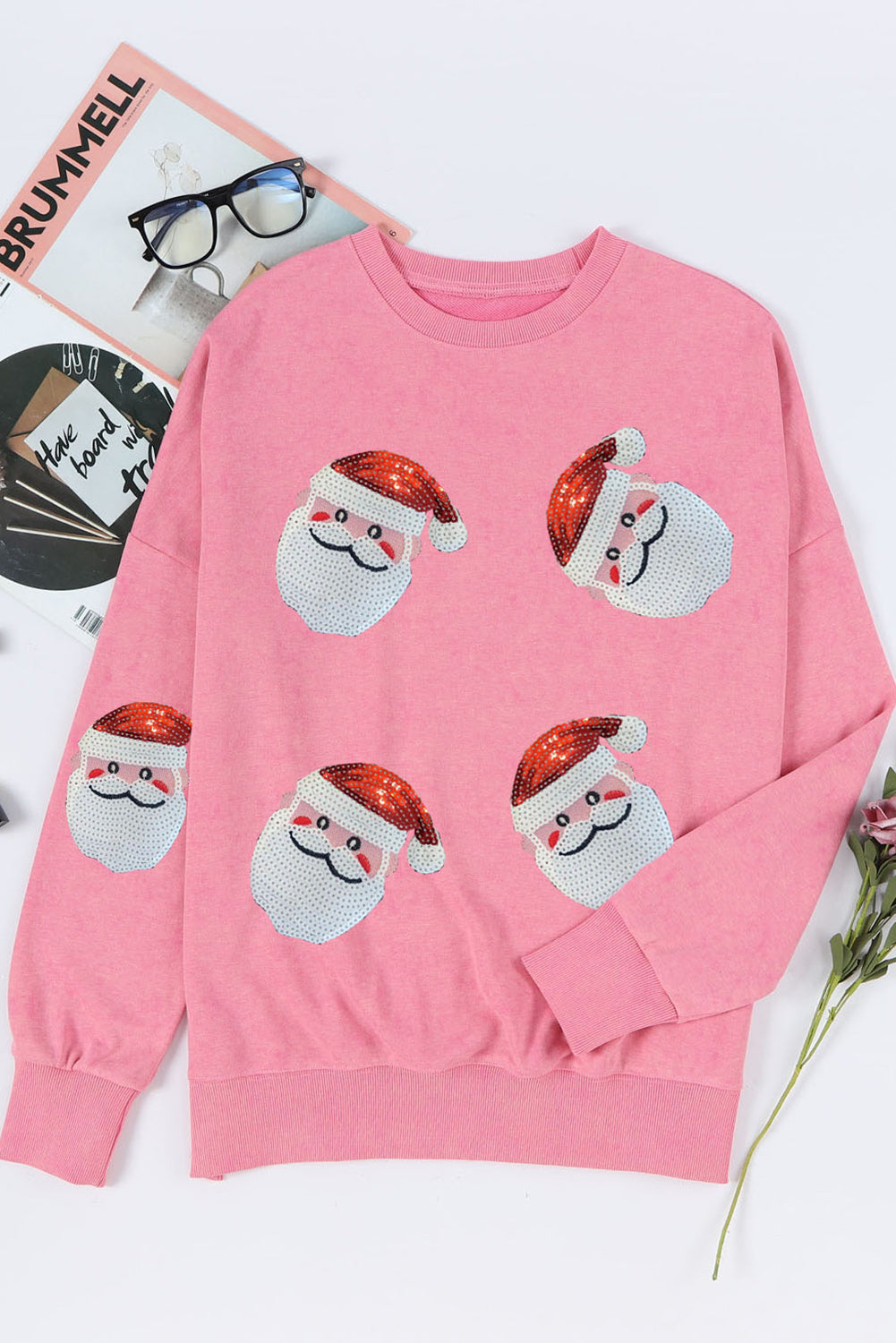 Pink Sequined Santa Clause Graphic Split Sweatshirt