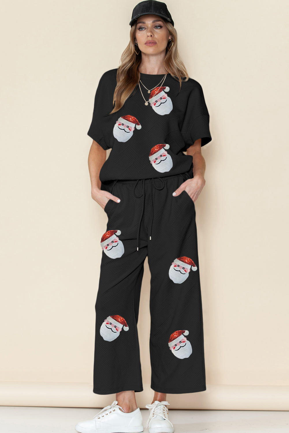 Black Christmas Santa Clause Print Graphic Textured Pants Set