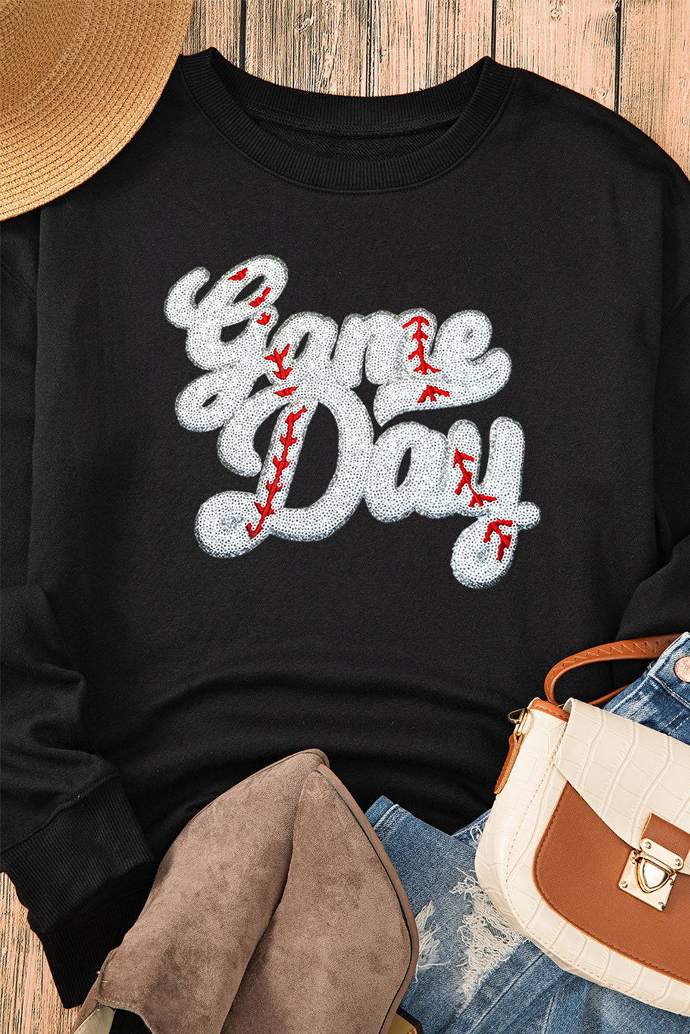 Black Game Day Baseball Graphic Crew Neck Sweatshirt