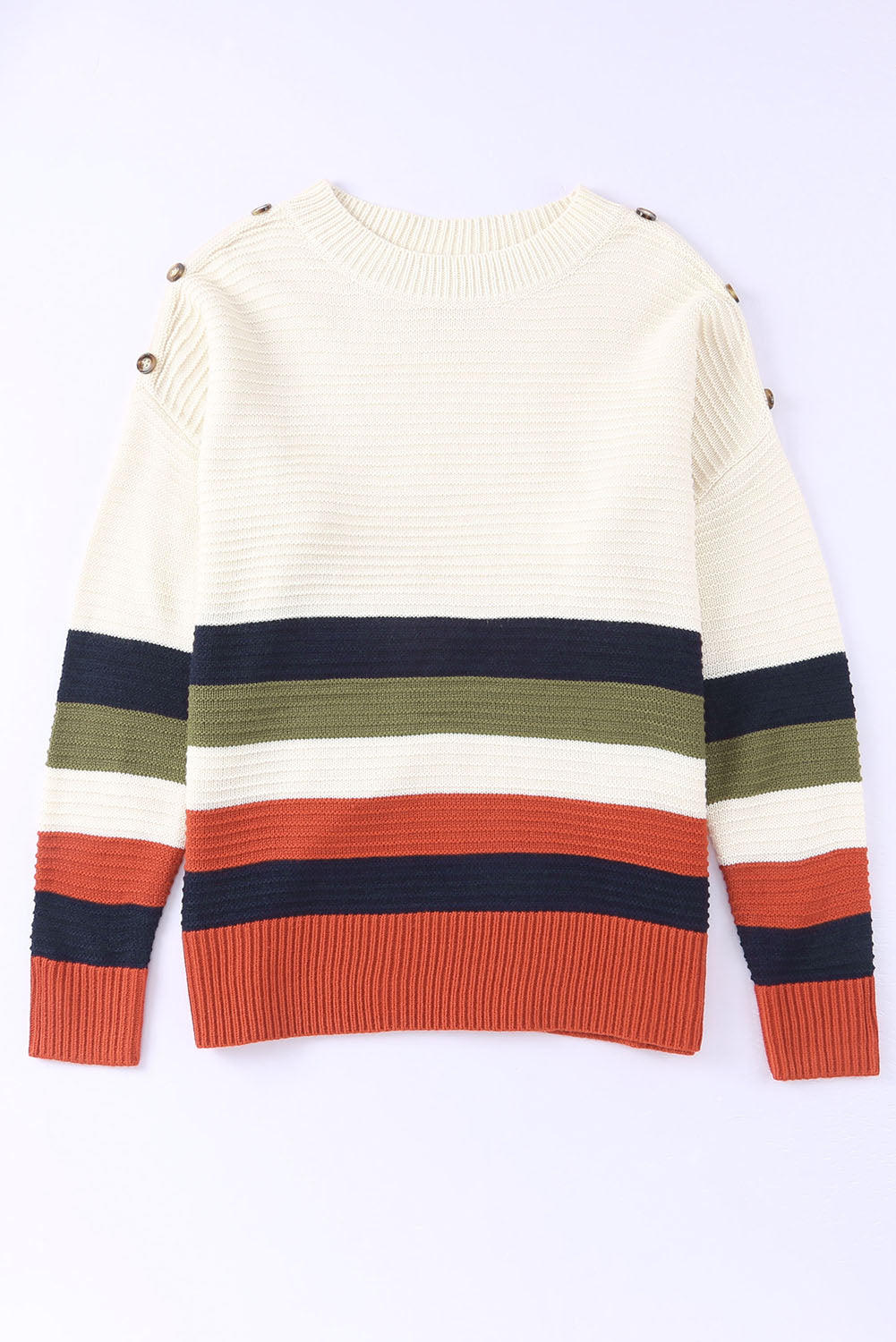 Colorblock Striped Button Drop Shoulder Pullover Sweater