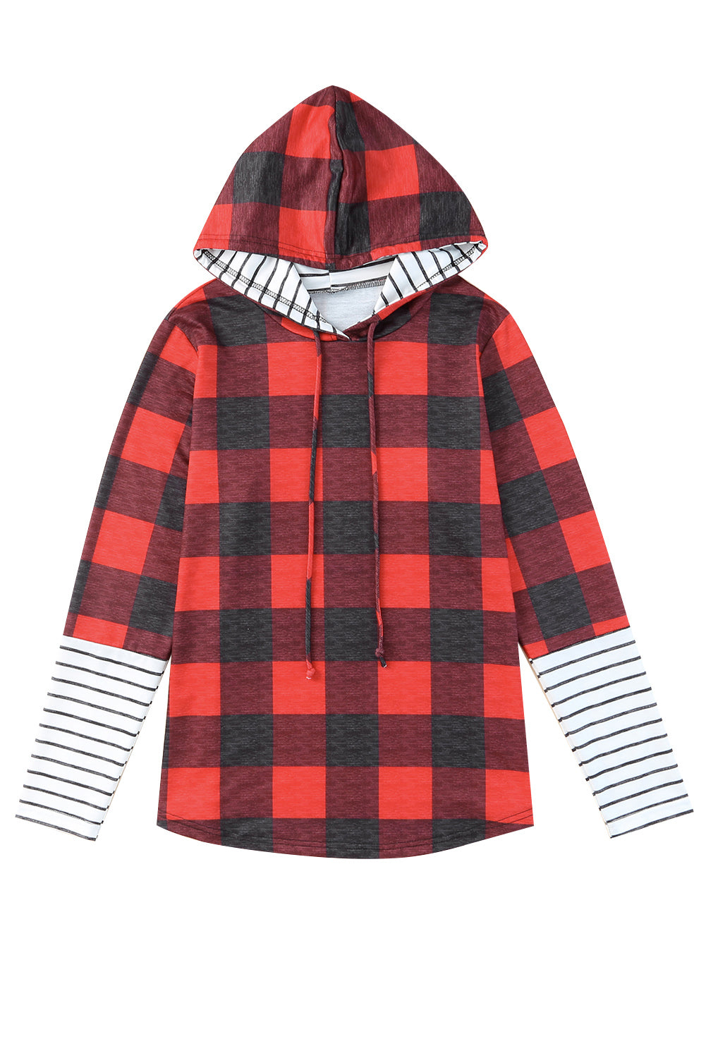 Red Plaid & Striped Patchwork Drawstring Hoodie