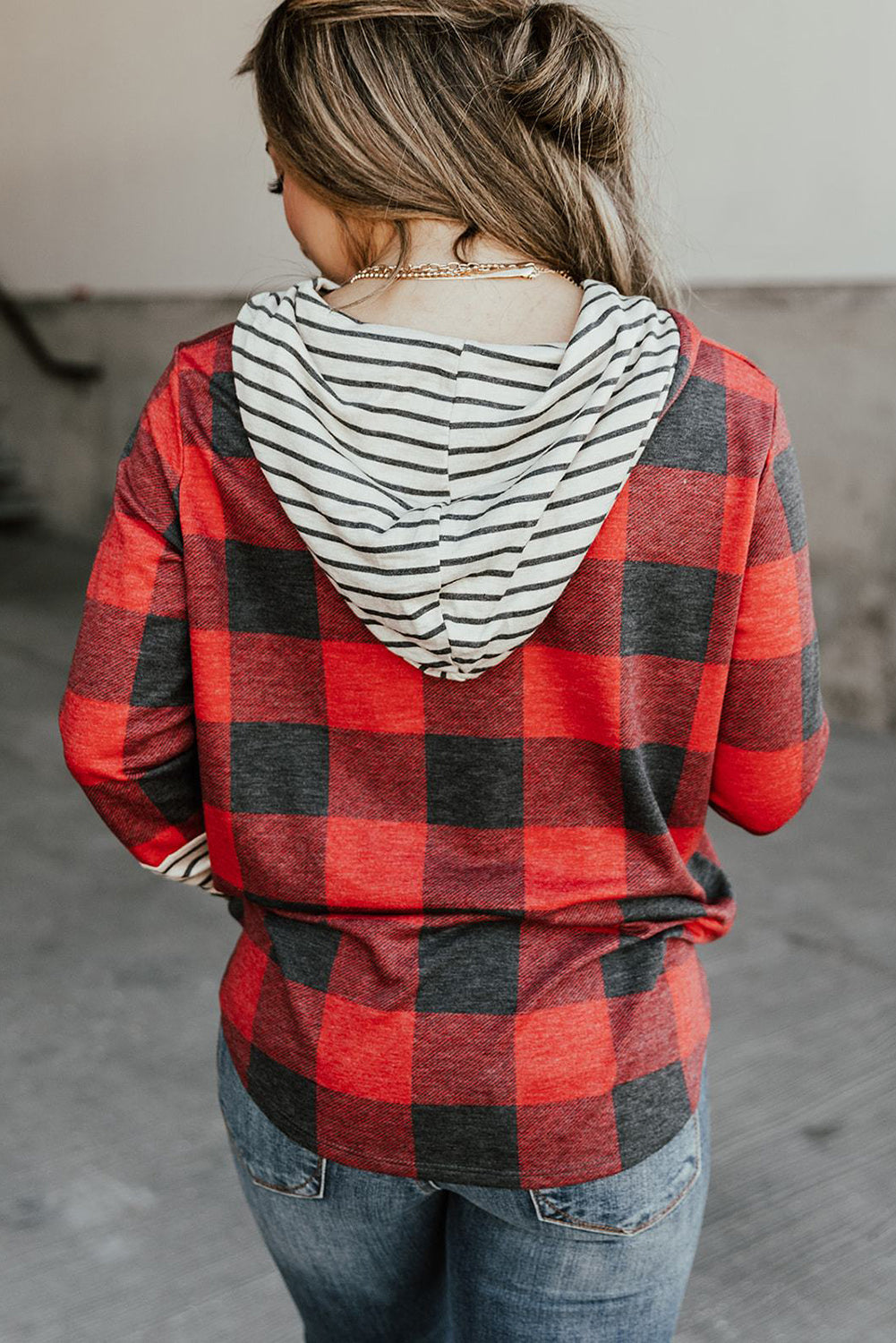 Red Plaid & Striped Patchwork Drawstring Hoodie