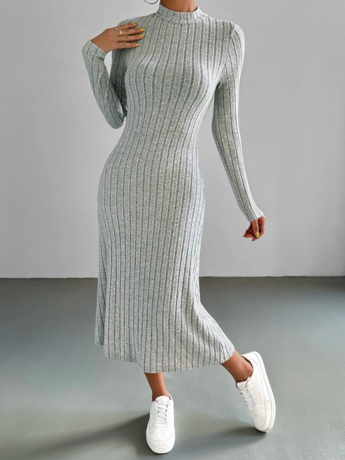 Ribbed Mock Neck Long Sleeve Midi Sweater Dress