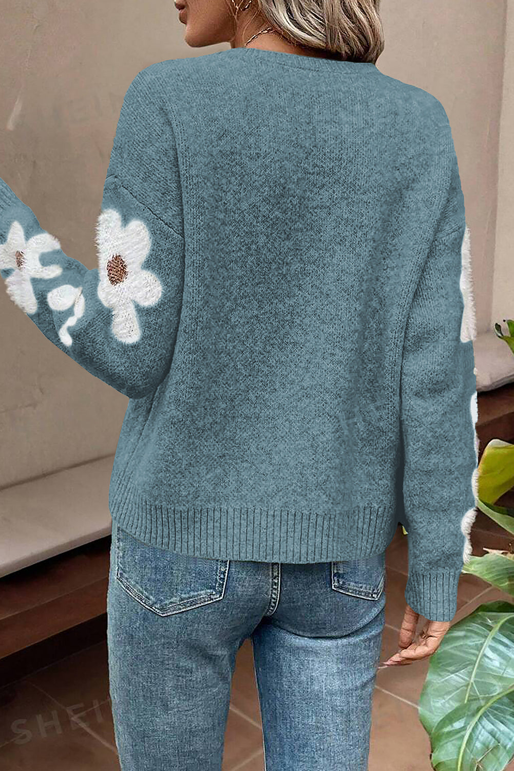 Moss Green Flower Drop Shoulder Sleeve Sweater