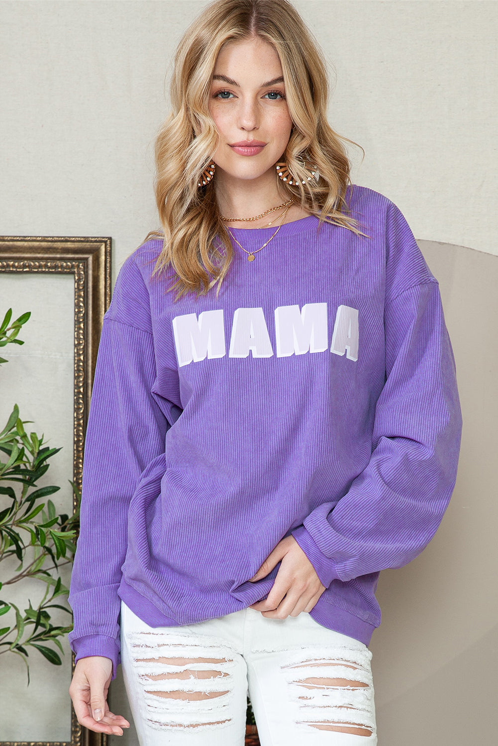 Purple MAMA Ribbed Crew Neck Pullover Sweatshirt