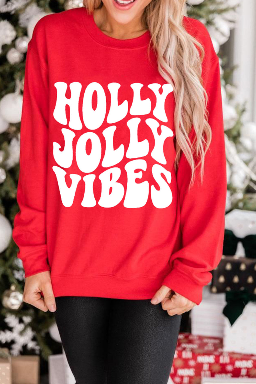 Red HOLLY JOLLY VIBES Graphic Crewneck Christmas Sweatshirt