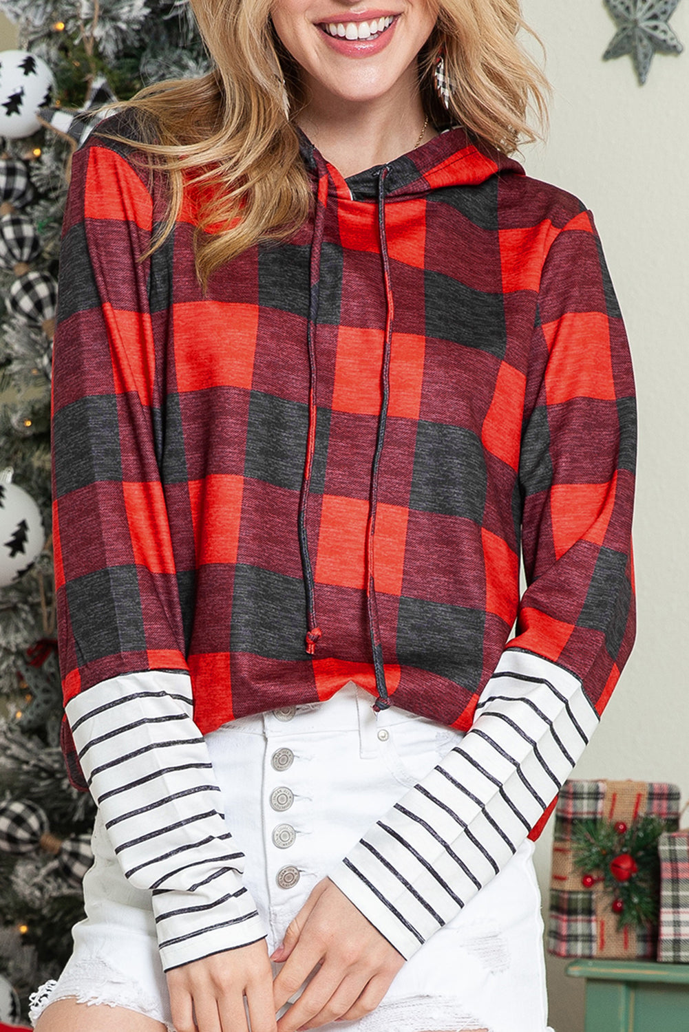 Red Plaid & Striped Patchwork Drawstring Hoodie