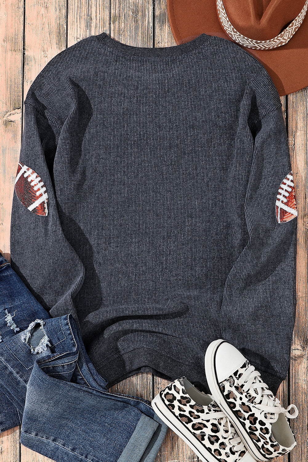 Black Sequin Rugby Graphic Corded Baggy Sweatshirt