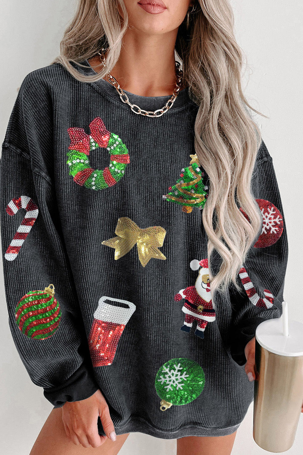 Black Sequined Christmas Graphic Corded Sweatshirt