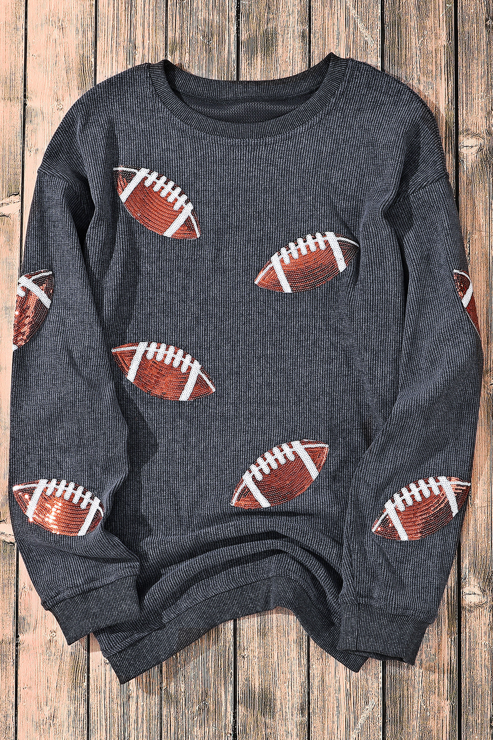 Black Sequin Rugby Graphic Corded Baggy Sweatshirt