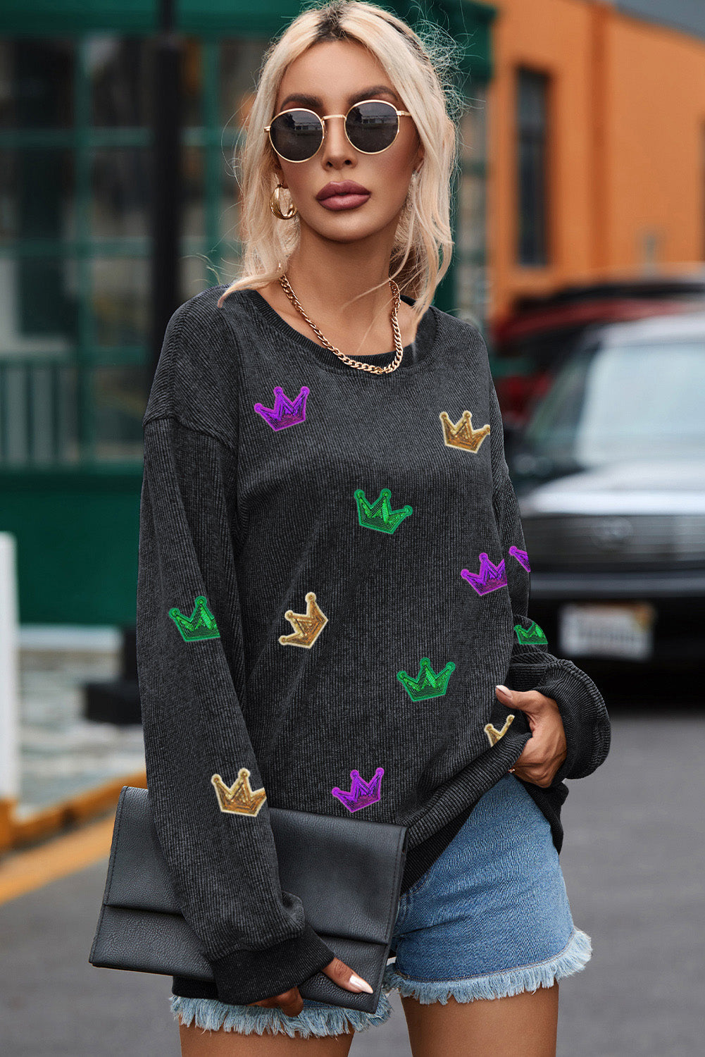 Black Crinkle Rib MARDI GRAS Crown Graphic Sweatshirt