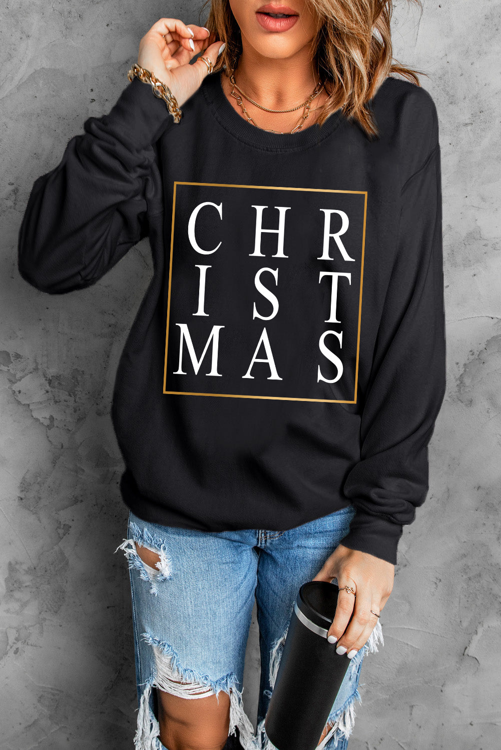 Black CHRISTMAS Glitter Print Crew Neck Graphic Sweatshirt