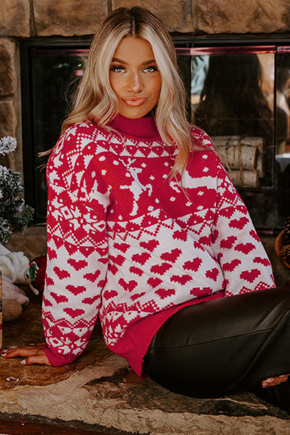 Fiery Red Christmas Reindeer Heart Pattern High Neck Sweater