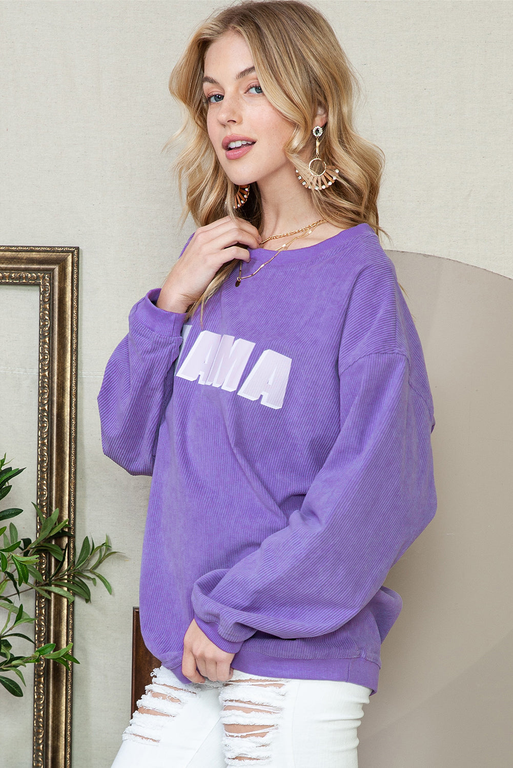 Purple MAMA Ribbed Crew Neck Pullover Sweatshirt