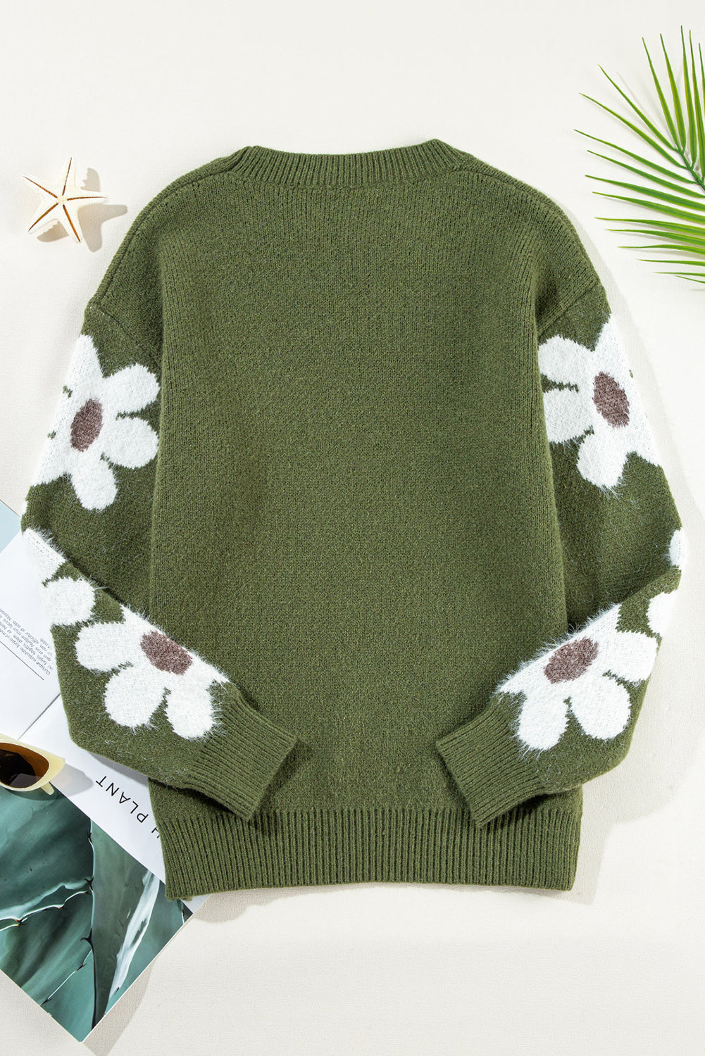 Moss Green Flower Drop Shoulder Sleeve Sweater