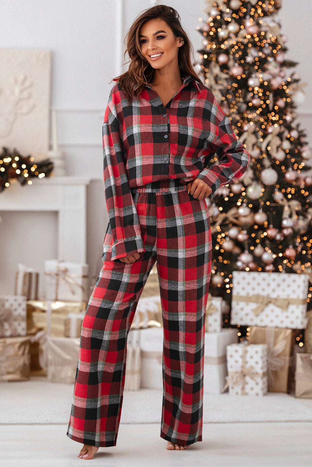 Red Christmas Checkered Pattern Loose Shirt and Pants Pajama Set