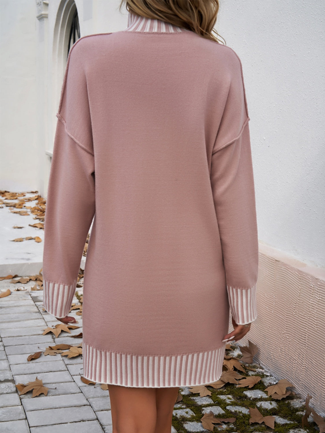 Devine Striped Mock Neck Long Sleeve Sweater Dress