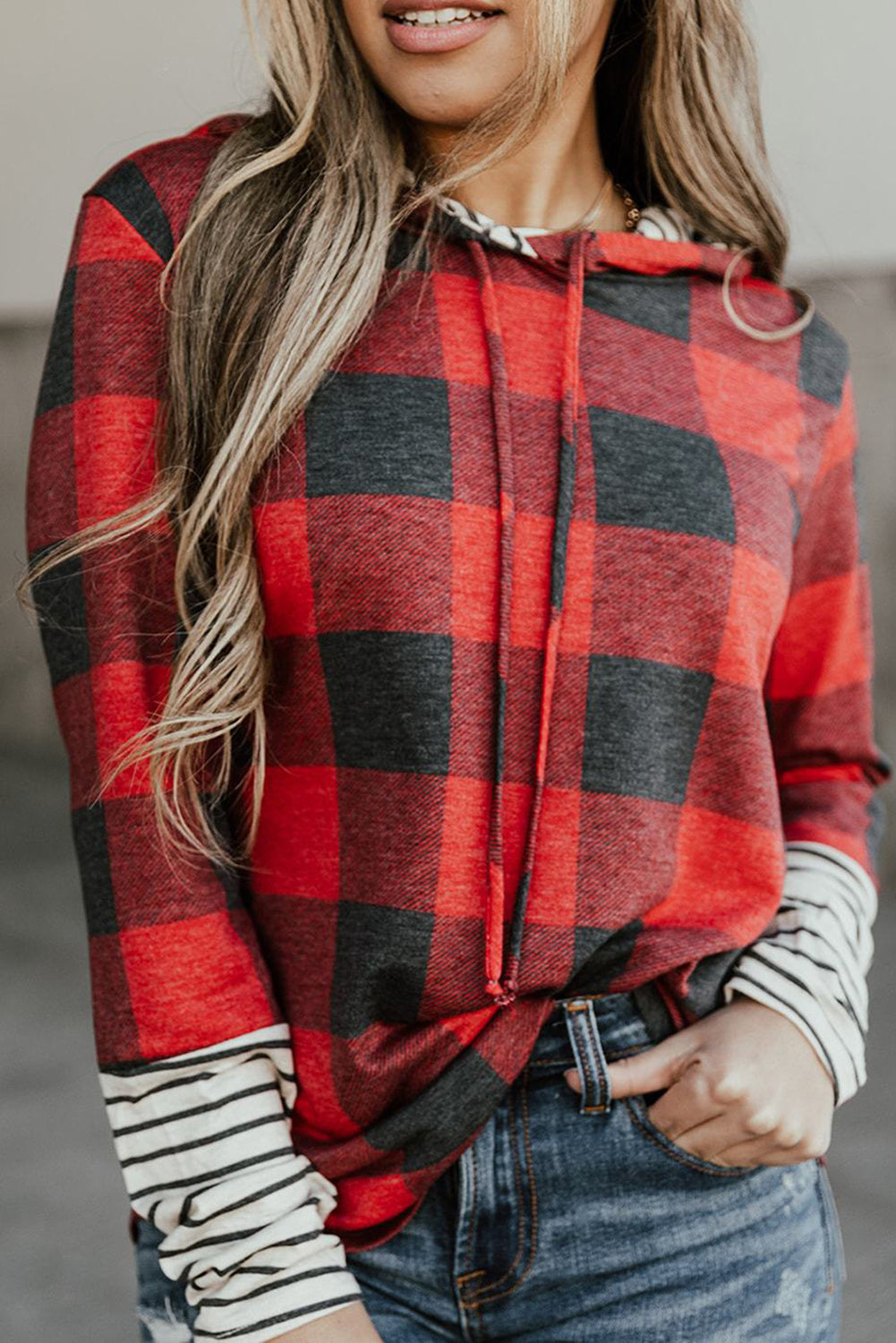 Red Plaid & Striped Patchwork Drawstring Hoodie